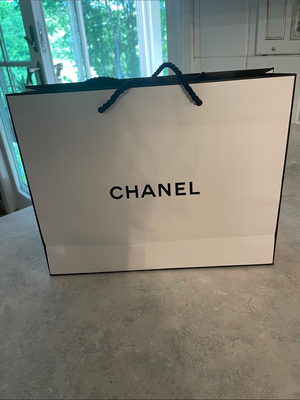 CHANEL White and Black Logo Paper Shopping Bag